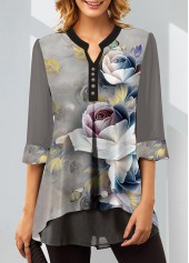 Floral Print Split Neck Grey Blouse