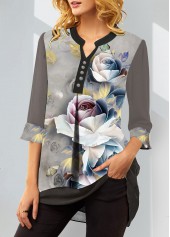 Floral Print Split Neck Grey Blouse