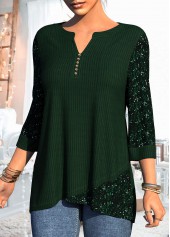 Asymmetric Hem 3/4 Sleeve Sequin Dark Green T Shirt