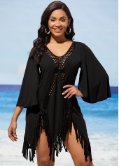 Tassel Asymmetric Hem Black Hollow Out Cover Up