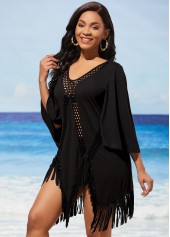 Tassel Asymmetric Hem Black Hollow Out Cover Up