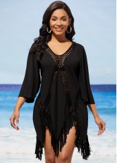 Tassel Asymmetric Hem Black Hollow Out Cover Up