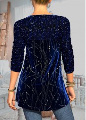 Velvet Stitching Sequin Blue Decorative Button T Shirt
