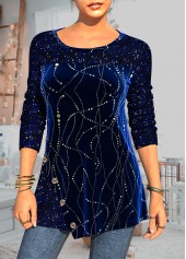 Velvet Stitching Sequin Blue Decorative Button T Shirt