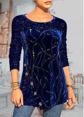 Velvet Stitching Sequin Blue Decorative Button T Shirt