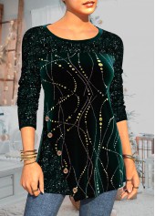 Hot Stamping Sequin Green Velvet Stitching T Shirt