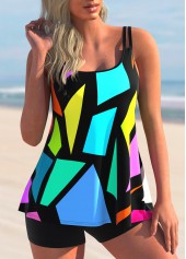 Rainbow Color Geometric Print Wide Strap Tankini Set
