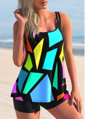 Rainbow Color Geometric Print Wide Strap Tankini Set