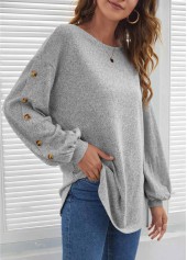 Light Grey Decorative Button Long Sleeve T Shirt