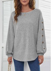 Light Grey Decorative Button Long Sleeve T Shirt