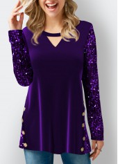 Purple Sequin Velvet Stitching Decorative Button T Shirt