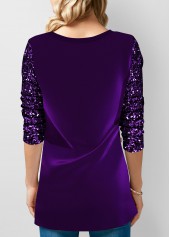 Purple Sequin Velvet Stitching Decorative Button T Shirt