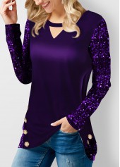 Purple Sequin Velvet Stitching Decorative Button T Shirt