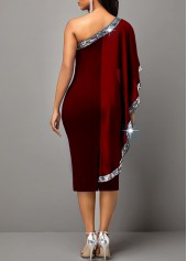 Glitter Fabric Stitching Skew Neck Wine Red Dress