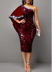 Glitter Fabric Stitching Skew Neck Wine Red Dress