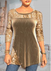 Sequin Christmas Design Gold Lace Stitching T Shirt