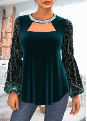 Blackish Green Sequin Velvet Stitching T Shirt