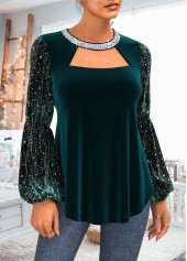 Blackish Green Sequin Velvet Stitching T Shirt