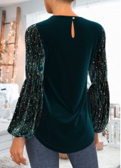 Blackish Green Sequin Velvet Stitching T Shirt