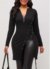 Black Quarter Zip Grommet Side Slit Blouse
