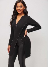 Black Quarter Zip Grommet Side Slit Blouse