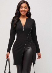 Black Quarter Zip Grommet Side Slit Blouse