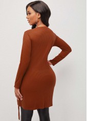 Brown Quarter Zip Grommet Side Slit Blouse