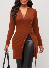 Brown Quarter Zip Grommet Side Slit Blouse