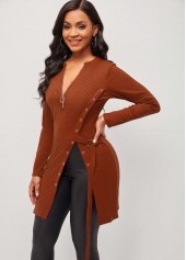Brown Quarter Zip Grommet Side Slit Blouse