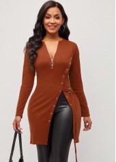Brown Quarter Zip Grommet Side Slit Blouse