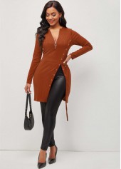 Brown Quarter Zip Grommet Side Slit Blouse