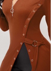 Brown Quarter Zip Grommet Side Slit Blouse