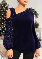 Tie Shoulder Velvet Stitching Sequin Navy Blue T Shirt