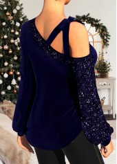 Tie Shoulder Velvet Stitching Sequin Navy Blue T Shirt