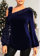 Tie Shoulder Velvet Stitching Sequin Navy Blue T Shirt