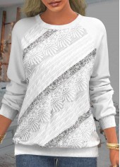 Sequin Long Sleeve Lace Patchwork White Sweatshirt