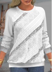 Sequin Long Sleeve Lace Patchwork White Sweatshirt