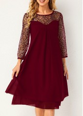 Lace Stitching Wine Red Sequin Dress