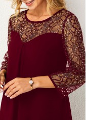 Lace Stitching Wine Red Sequin Dress