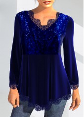 Lace Velvet Stitching Royal Blue Sequin T Shirt