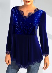 Lace Velvet Stitching Royal Blue Sequin T Shirt