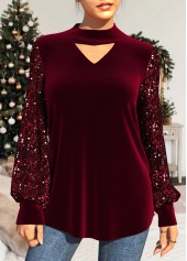 Sequin Velvet Stitching Wine Red T Shirt