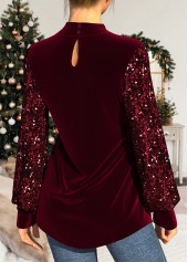 Sequin Velvet Stitching Wine Red T Shirt
