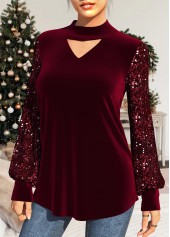 Sequin Velvet Stitching Wine Red T Shirt