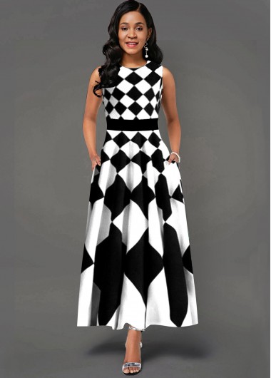 Rosewe Cocktail Party Dress Sleeveless Geometric Print Side Poclket Maxi Dress - L