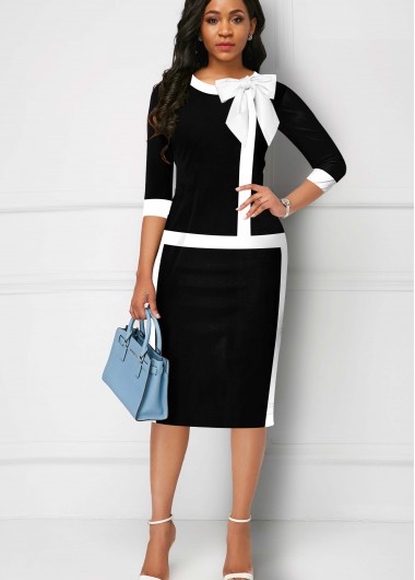 Rosewe Black Dresses Bowknot Contrast Piping 3/4 Sleeve Dress - L