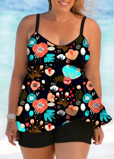 Rosewe Wide Strap Plus Size Floral Print Swimdress and Shorts - 2X