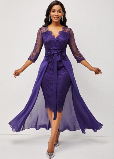 Rosewe Cocktail Party Dress 3/4 Sleeve Purple Multiway Lace Patchwork Dress - XL