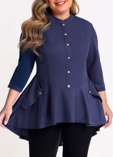Rosewe Dip Hem Plus Size Navy Blue Tunic Top - 1X
