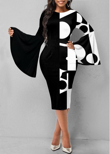 Rosewe Black Dresses Geometric Print Flare Sleeve Black Dress - M